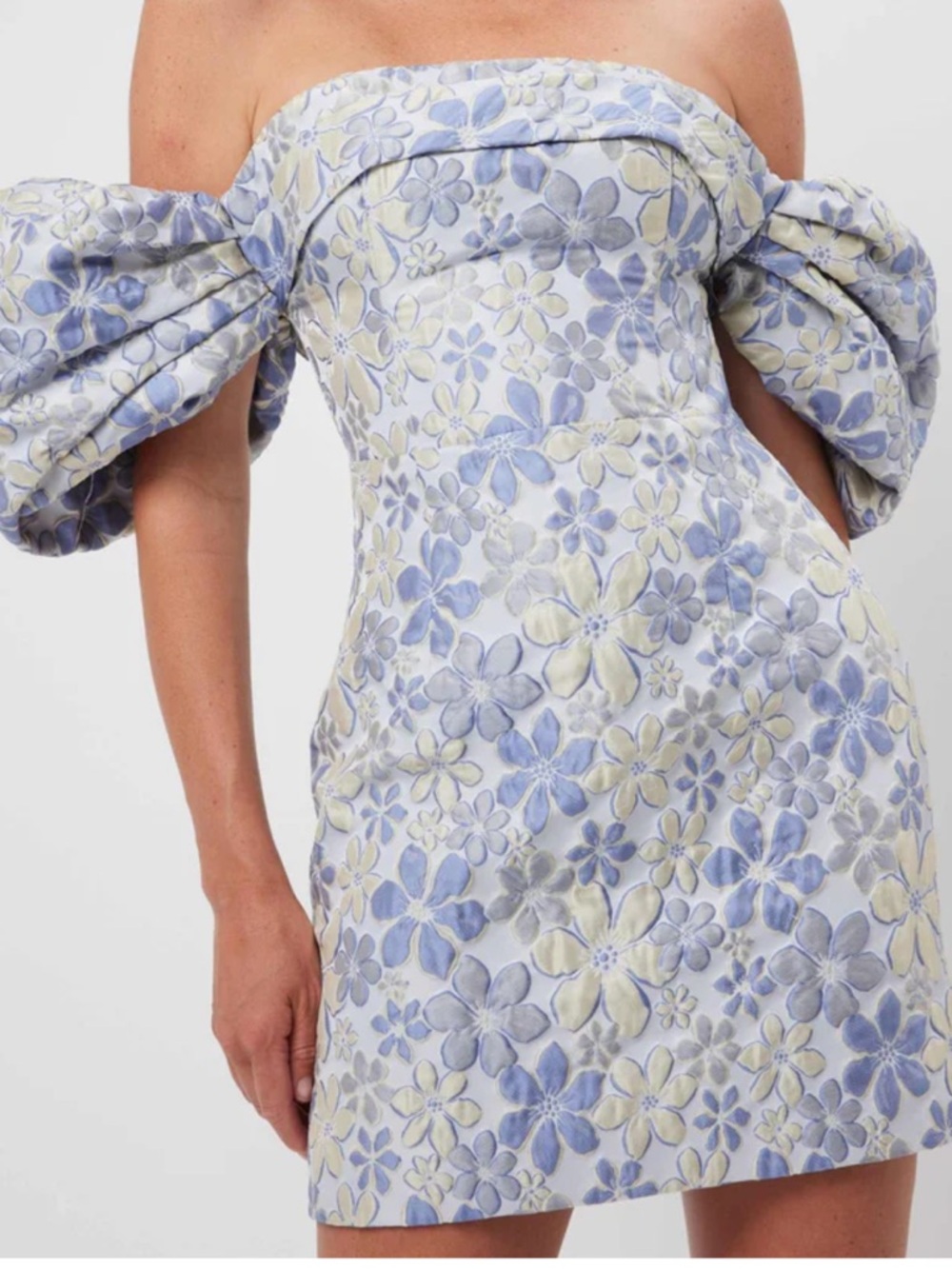 Elliatt One-Shoulder Floral Jacquard Mini Dress in Light Blue and Cream